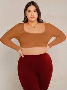 SHEIN BASICS Plus Scoop Neck Crop Tee - Khaki - View 3