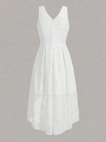 Chiquease Solid Lace High Low Hem Dress - White - View 2