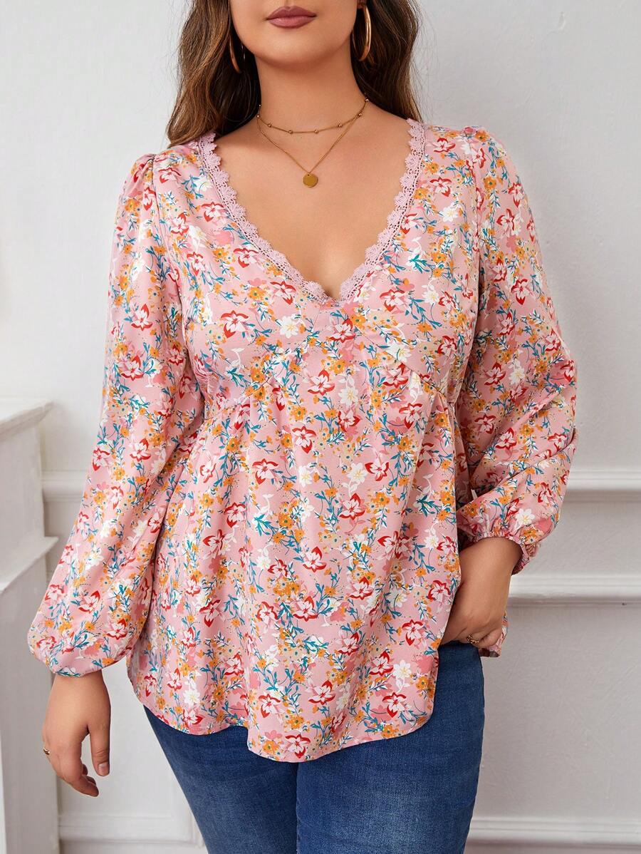 SHEIN Frenchy Hơn In hoa Đồ trang trí Lace hoa văn Tay áo lồng đèn Áo sơ mi - Hồng - Xem 1