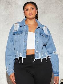 SHEIN CURVE+ Plus Ripped Raw Cut Drop Shoulder Denim Jacket - Blue - View 7
