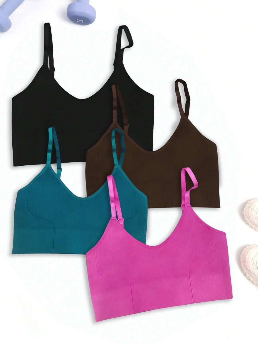 SHEIN Daily&Casual 4入組素色吊帶運動文胸 - 彩色 - 查看 1
