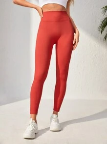 Seamless Wide Waistband Sports Leggings - Red - View 4