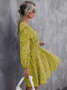 SHEIN Clasi Đầm Dải chun Họa tiết hoa Boho - Màu vàng - Xem 6