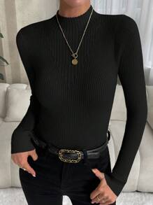 SHEIN Clasi 小高領羅紋針織短款毛衣 - 黑色 - 查看 4