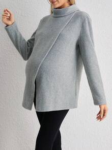SHEIN Maternity Solid Wrap Detail Nursing Tee - Light Grey - View 4