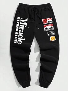 Manfinity Hypemode 男士大码字母圖案腰部抽繩衛褲 - 黑色 - 查看 3