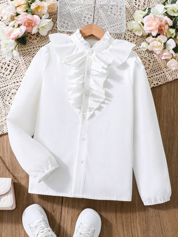 SHEIN Cămașă cu nasturi în față cu volane Tween Girl - Stil dulce și proaspăt, decor cu frunze de lotus, design cu nasturi în față, moale și confortabil
