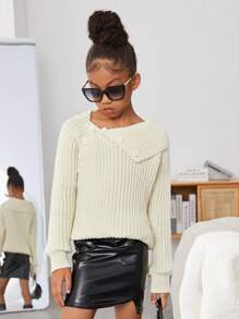SHEIN Tween Girl Asymmetrical Neck Raglan Sleeve Ribbed Knit Sweater - Apricot - View 5