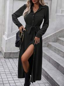 SHEIN LUNE Đầm Maxi Sơ Mi Thắt Lưng Cài Nút Phía Trước Cho Nữ - màu đen - Xem 5