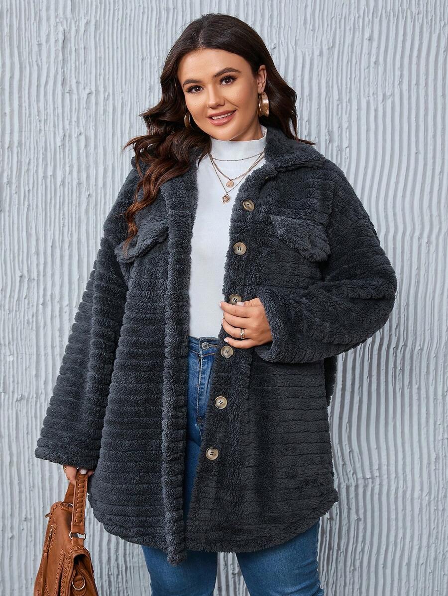 SHEIN LUNE Plus Flap Pocket Drop Shoulder Teddy Coat - Dark Grey - View 1