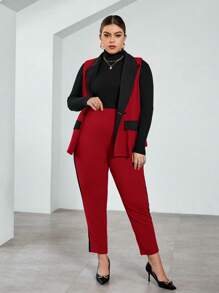 SHEIN Essnce 大碼撞色雙排釦馬甲西裝外套和褲子不帶T恤 - 玫瑰紅 - 查看 6