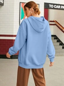 SHEIN EZwear 素色落肩袖抽繩加絨內裏連帽衫 - 藍色 - 查看 3