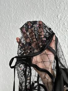 Slaydiva 優雅派對時尚透視花邊鑽石裝飾交叉肩帶高開岔配單扣長袖連衣褲套裝女款2件組合 - 黑色 - 查看 6