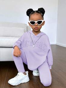 女小童字母壓紋落肩袖連帽衫和緊身褲 - 紫色 - 查看 4