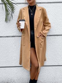 Chiquease Lapel Neck Pocket Patched Button Front Belted Overcoat Fall Cloth For Women - Khaki - View 3