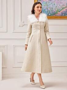 Modelyn Borg Collar Pocket Side Quilted Coat - Apricot - View 1