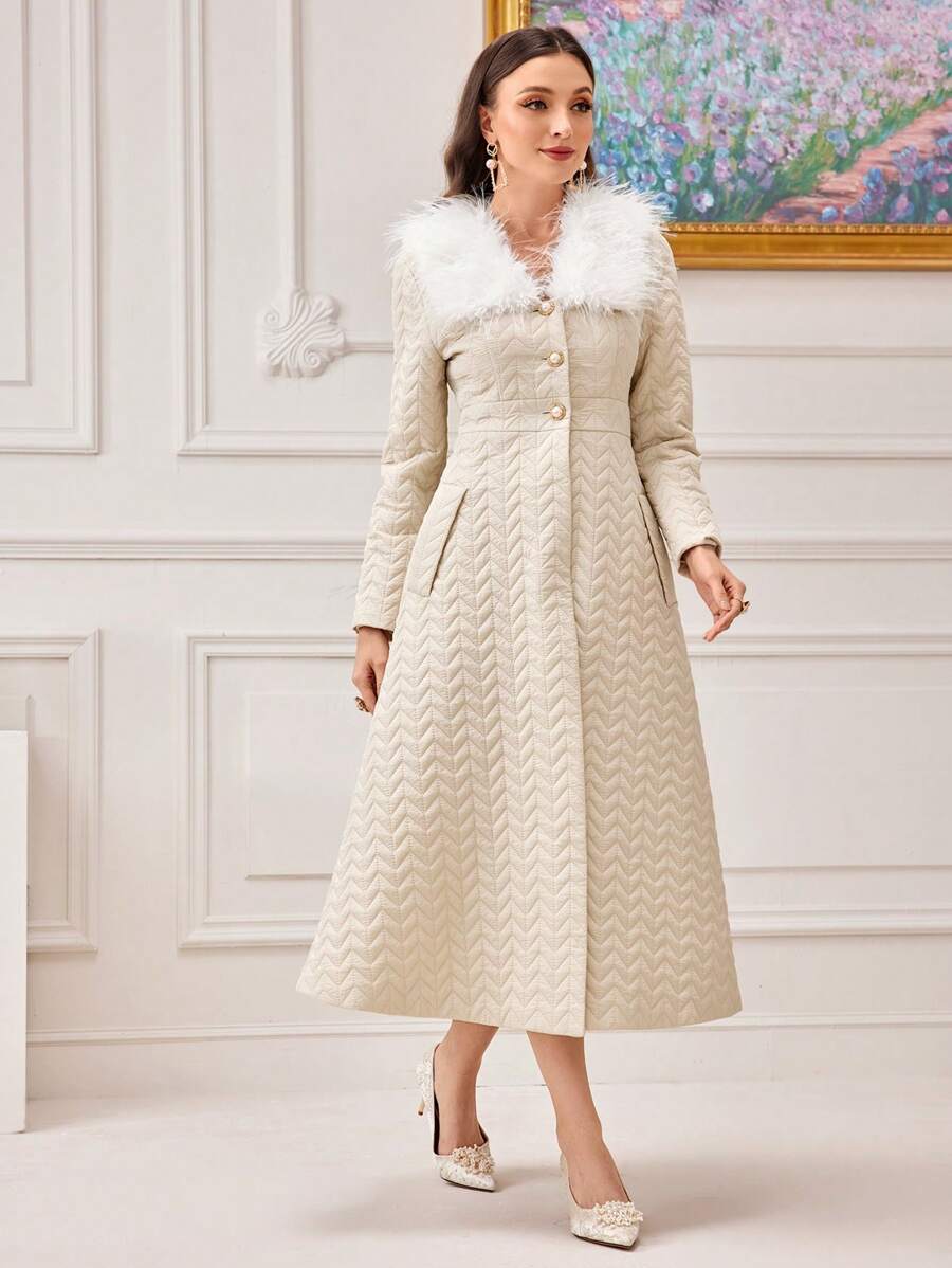 Modelyn Borg Collar Pocket Side Quilted Coat - Apricot - View 1