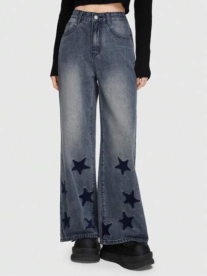 Grunge Punk Pantalon En Denim À Motif Étoilé