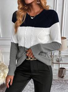 EMERY ROSE Color Block Cable Knit Pullover Fall Winter Sweater - Multicolor - View 6