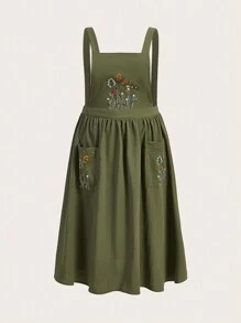ROMWE Fairycore Plus Size Renaissance Floral Embroidery Pocket Front Overall Dress - Army Green - View 5