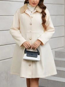 SHEIN Clasi Plus Button Front Overcoat Winter Fall Autumn - Beige - View 5