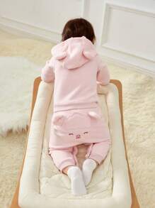 SHEIN Baby Girl 3D Ear Design Hooded Jacket & Pants - Pink - View 2