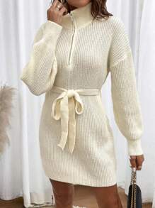 SHEIN LUNE Quarter Zip Drop Shoulder Belted Sweater Dress - Beige - View 5