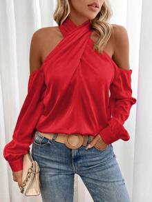 SHEIN Frenchy Blusa unicolor de hombros descubiertos de satén - Rojo - Ver 4