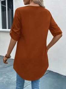 EMERY ROSE Roll Tab Sleeve Asymmetrical Hem Blouse - Brown - View 2