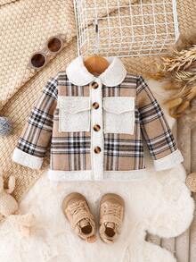 男嬰格紋印花毛絨內襯翻蓋口袋外套無毛衣