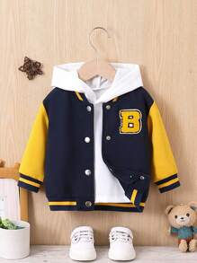 Baby Boy Letter Patched Striped Trim Varsity Jacket Without Hoodie - Royal Blue - View 1