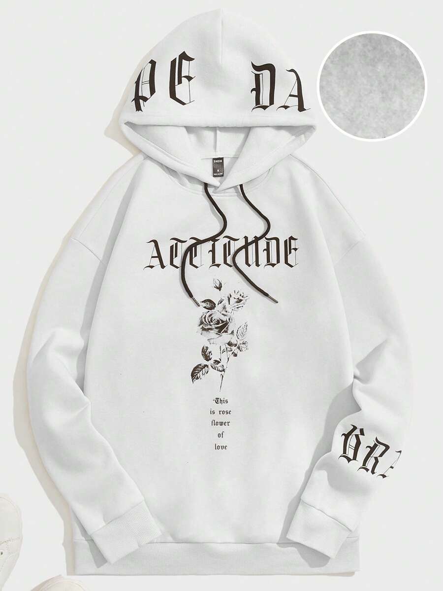 Manfinity RebelGame Men Slogan & Floral Print Drop Shoulder Drawstring Hoodie - Beige - View 1