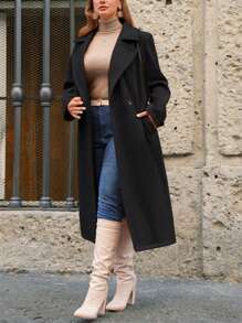 SHEIN Frenchy 大碼西裝領雙排釦花呢外套 - 黑色 - 查看 1