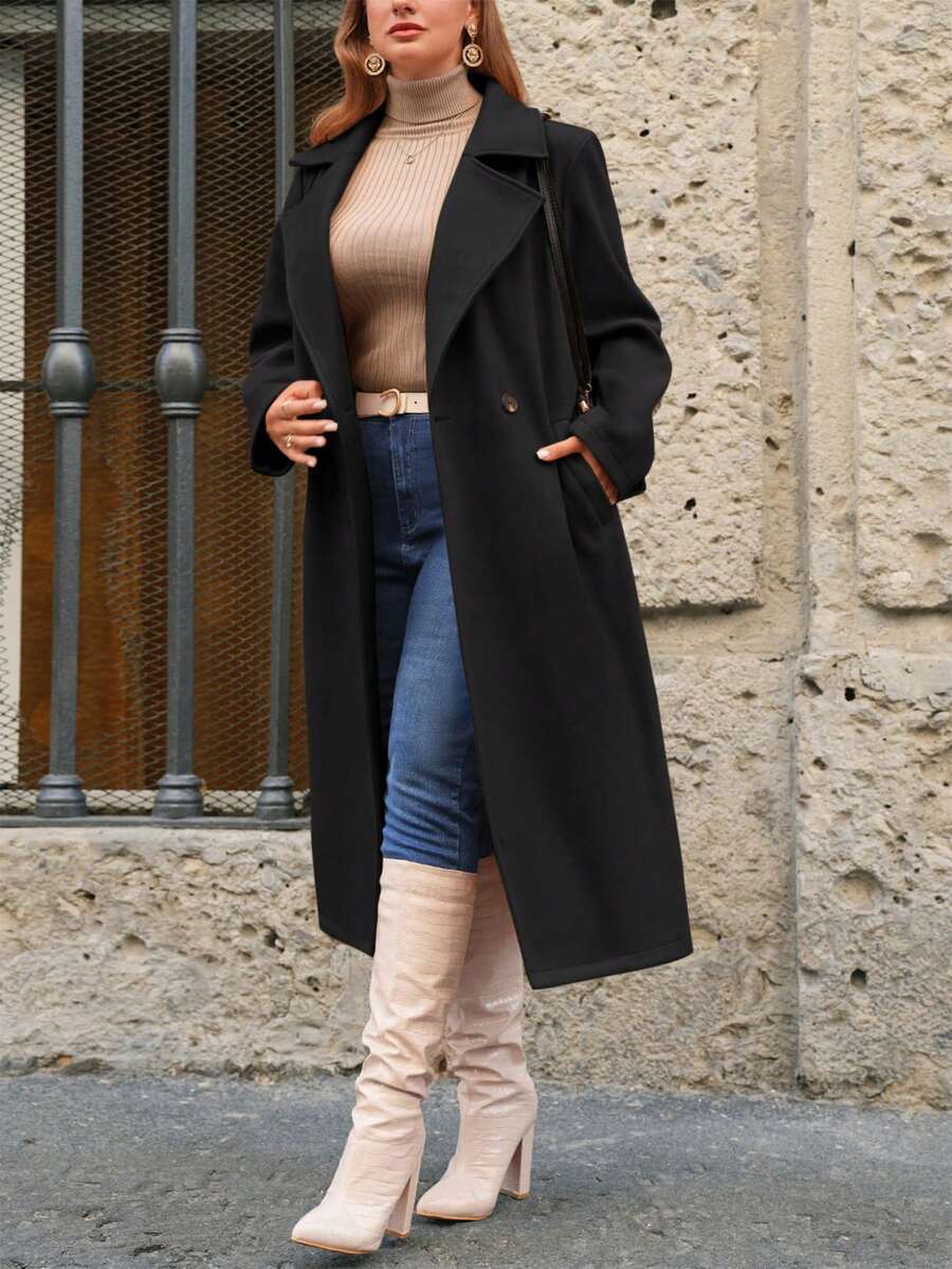 SHEIN Frenchy 大碼西裝領雙排釦花呢外套 - 黑色 - 查看 1