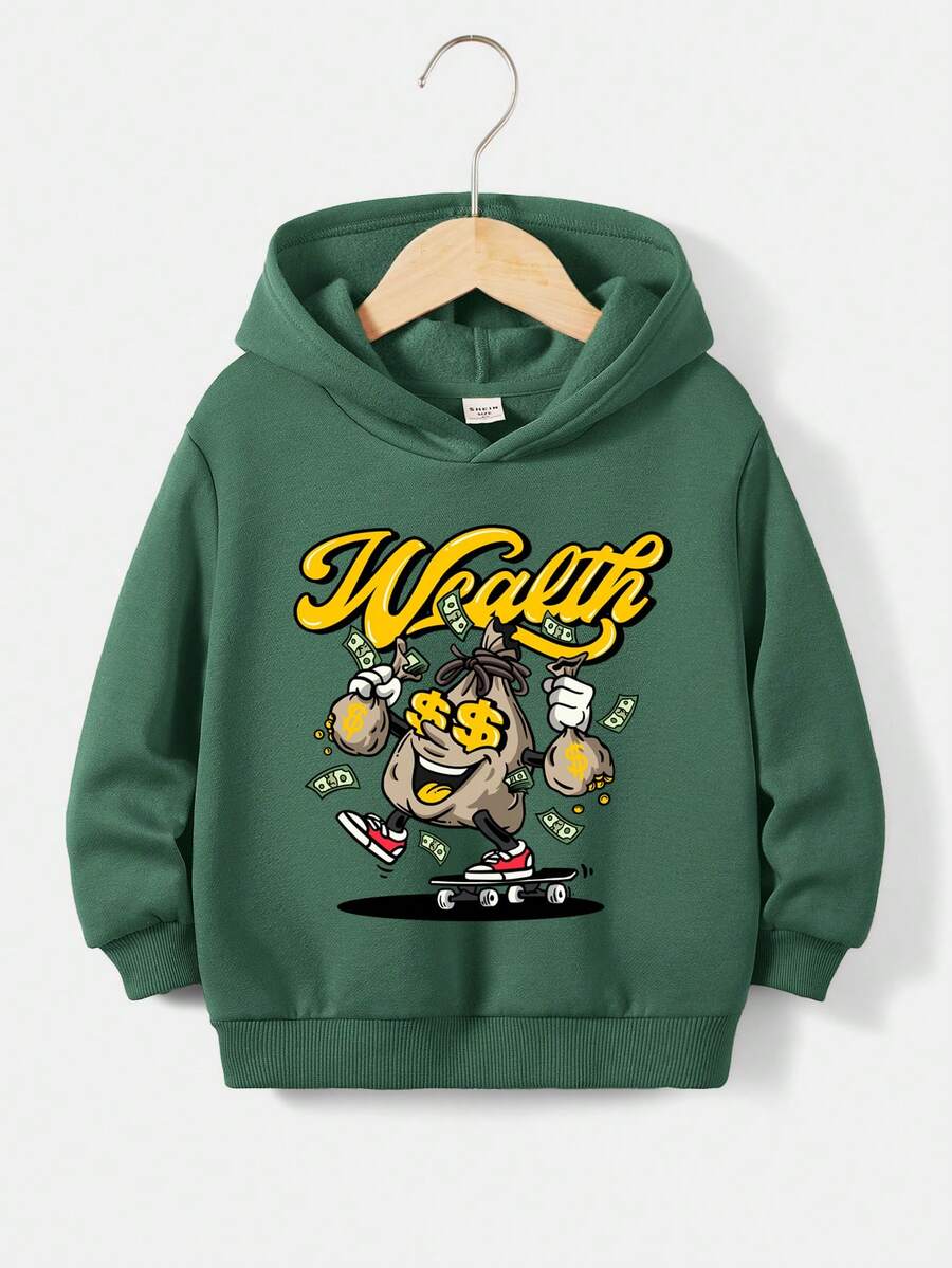 SHEIN Áo nỉ in hình hoạt hình và chữ cái dành cho bé trai - màu xanh lá - Xem 1