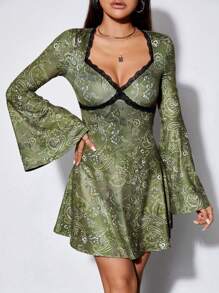 SHEIN PETITE In hoa Trang trí ren Tay áo chuông Đầm - màu xanh lá - Xem 6