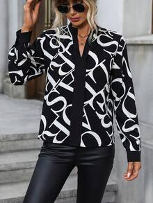 SHEIN Frenchy In Toàn bộ Đường viền cổ có rãnh Áo sơ mi - Đen và trắng - Xem 4