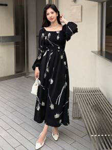 DAZY Vestido de cuello cuadrado con estampado floral, vestido de lechera, volantes, vestido largo de manga larga para otoño