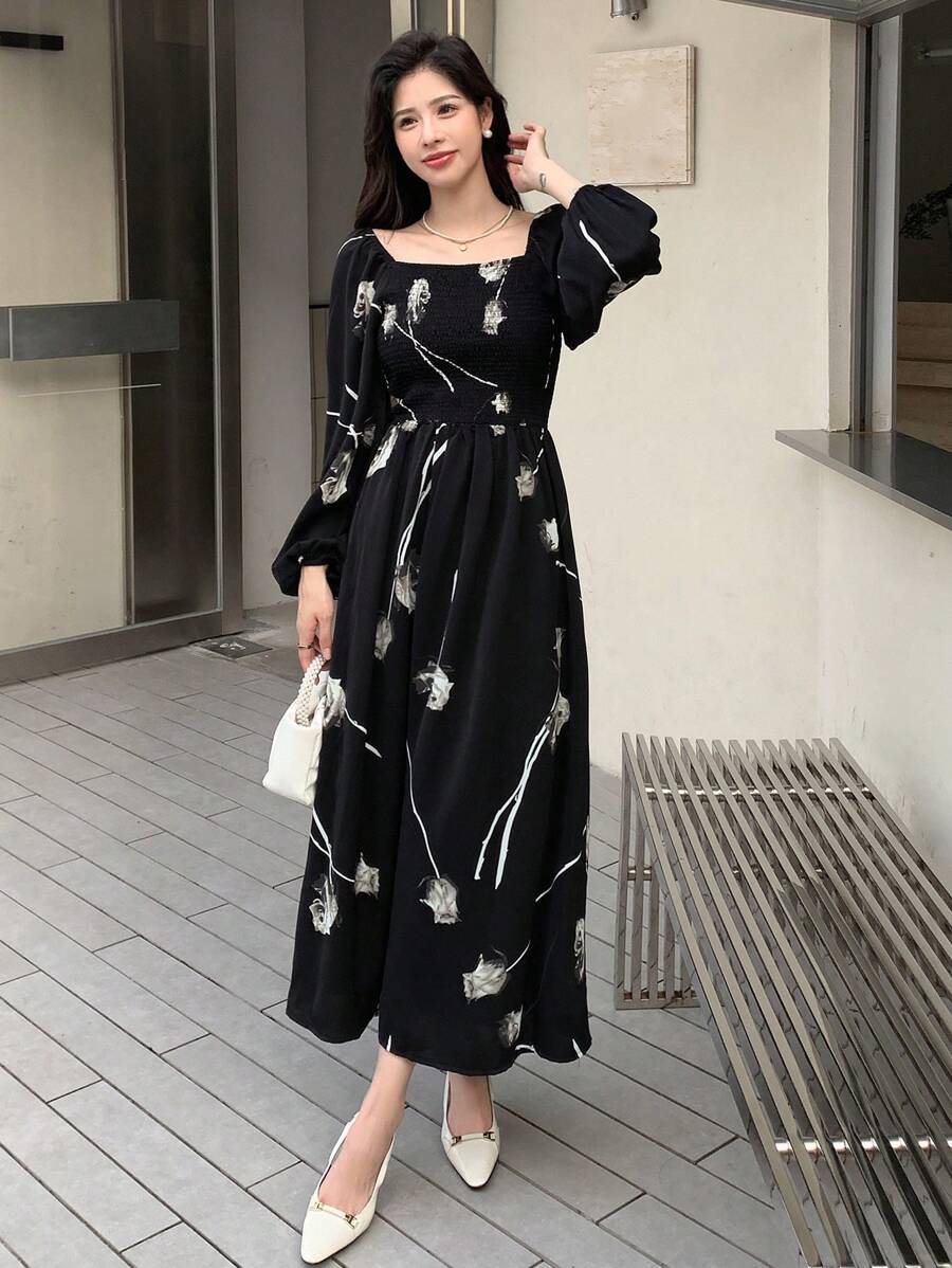 DAZY Vestido de cuello cuadrado con estampado floral, vestido de lechera, volantes, vestido largo de manga larga para otoño