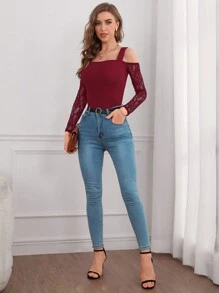 SHEIN Privé Ren tương phản Vai lạnh Áo - Màu Đỏ Sâu - Xem 6