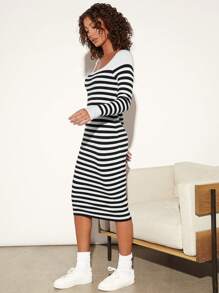 SHEIN BASICS Striped Pattern Square Neck Sweater Dress - Multicolor - View 4