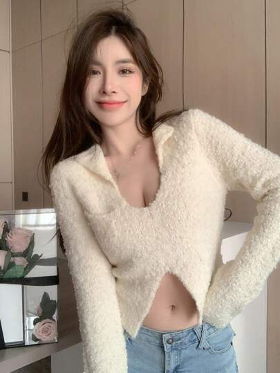 DAZY 纯色不对称下摆短款蓬松毛衣，秋季女装