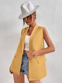 SHEIN Privé 素色青果領馬甲西裝外套 - 芥末黃 - 查看 4