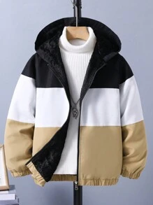 男大童撞色拉鏈開襟連帽毛絨內襯夾克無毛衣 - 黑色 - 查看 1