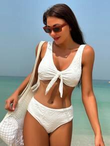 Knot Front Bikini Set - White - View 5