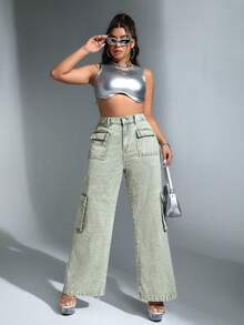 SHEIN ICON Hơn Túi có nắp Quần jean chở hàng - xanh quân đội - Xem 5
