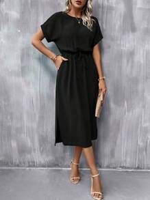 SHEIN Clasi 蝙蝠袖前打結高衩洋裝 - 黑色 - 查看 7