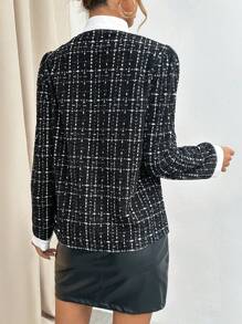 SHEIN Privé Áo sơ mi nữ kẻ caro màu tương phản có cổ áo xếp nếp, cổ buộc, tay dài - màu đen - Xem 2