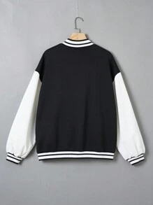 SHEIN EZwear Plus Letter Patched Striped Trim Drop Shoulder Varsity Jacket - Black - View 2