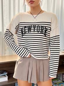 SHEIN EZwear Striped & Letter Pattern Drop Shoulder Sweater - Khaki - View 1